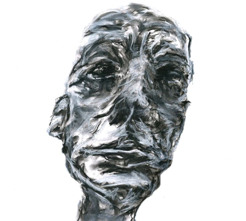 This charcoal drawing is an abstract portrait of a man (creature). It's a black-and-white drawing with lots of character.